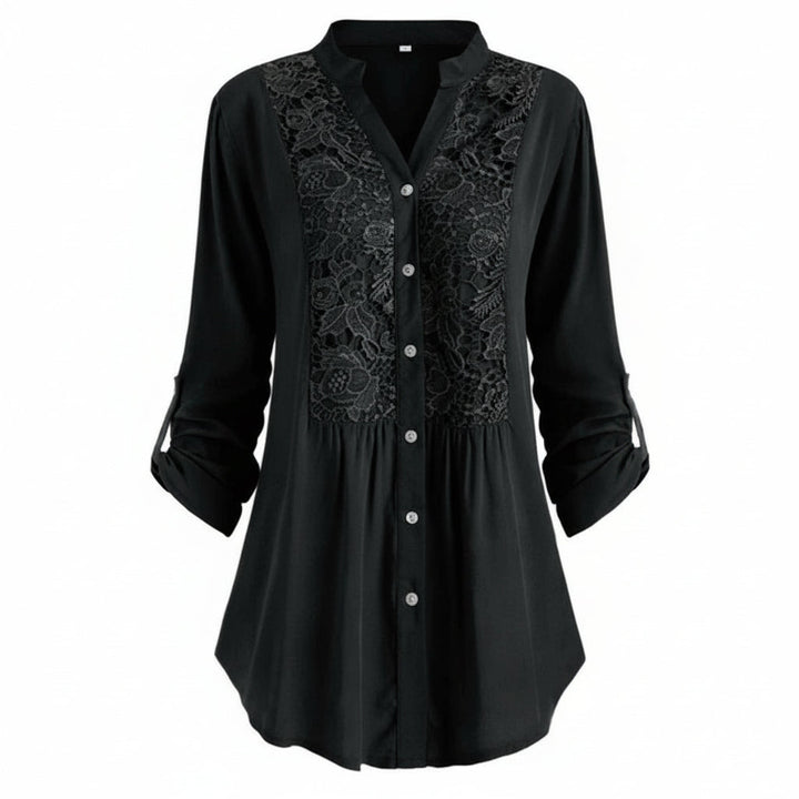 Voorkant zwarte lange blouse met pofmouwen voor dames