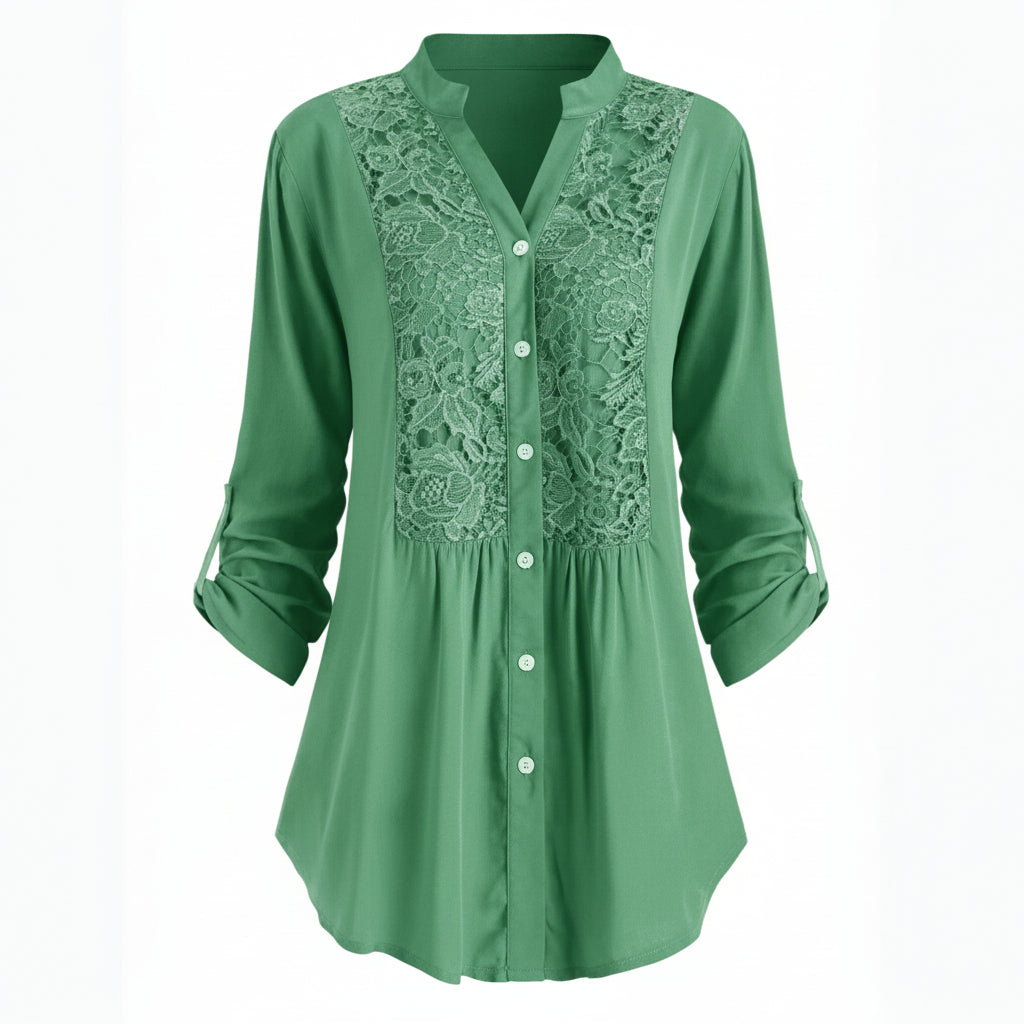 Voorkant groene lange blouse met pofmouwen voor dames