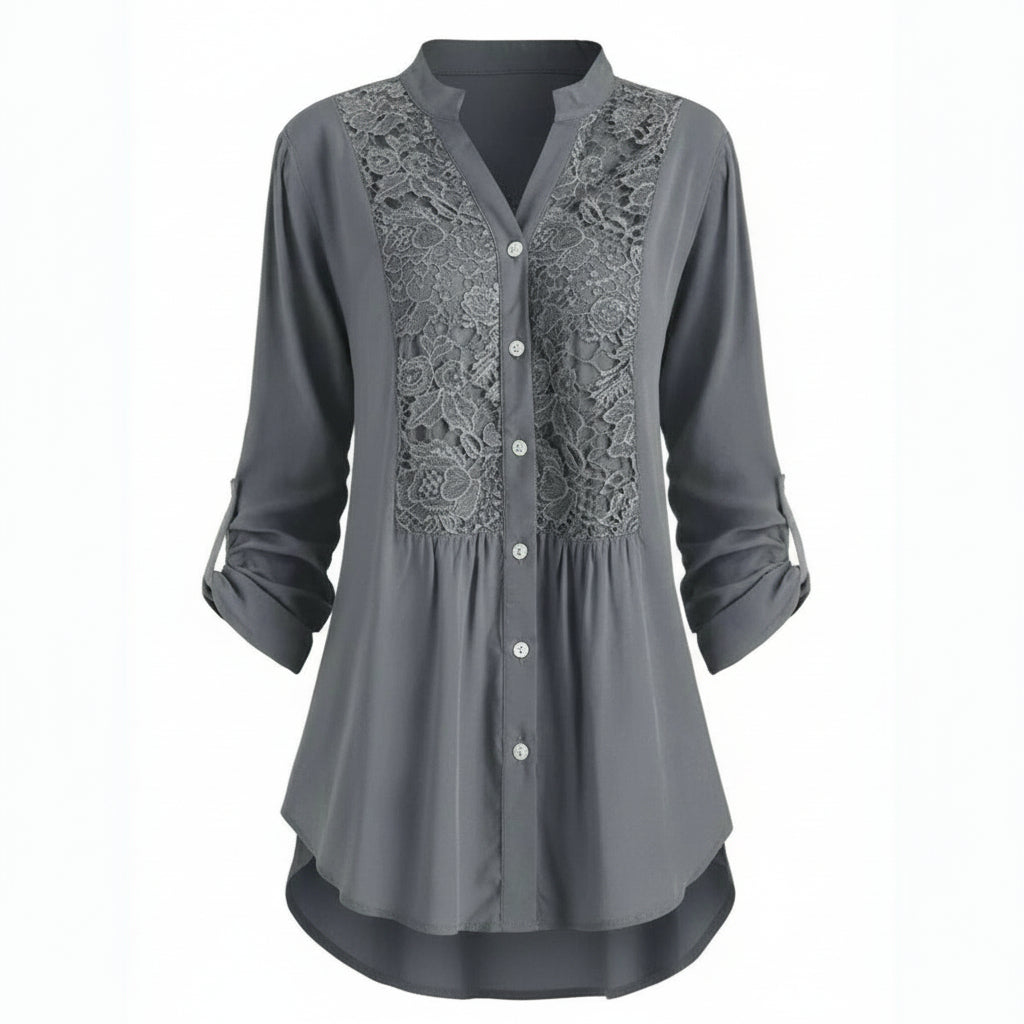 Voorkant grijze lange blouse met pofmouwen voor dames