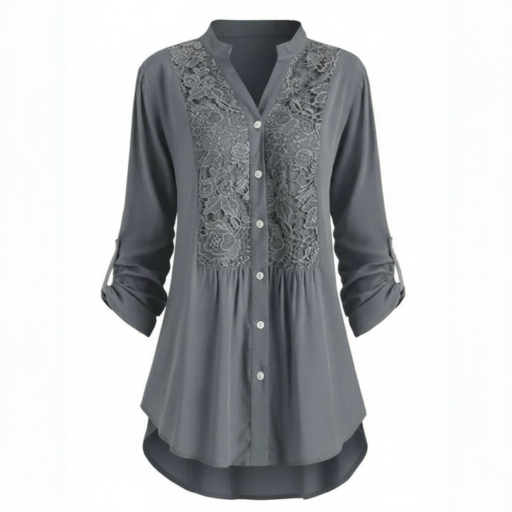 Voorkant grijze lange blouse met pofmouwen voor dames