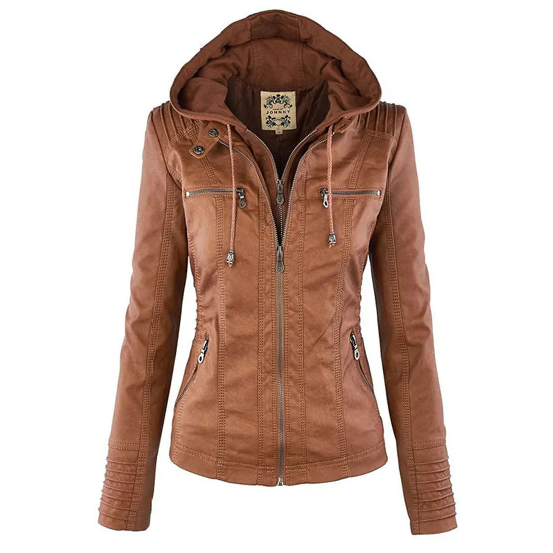 Hooded Faux Leather Moto Jacket för kvinnor