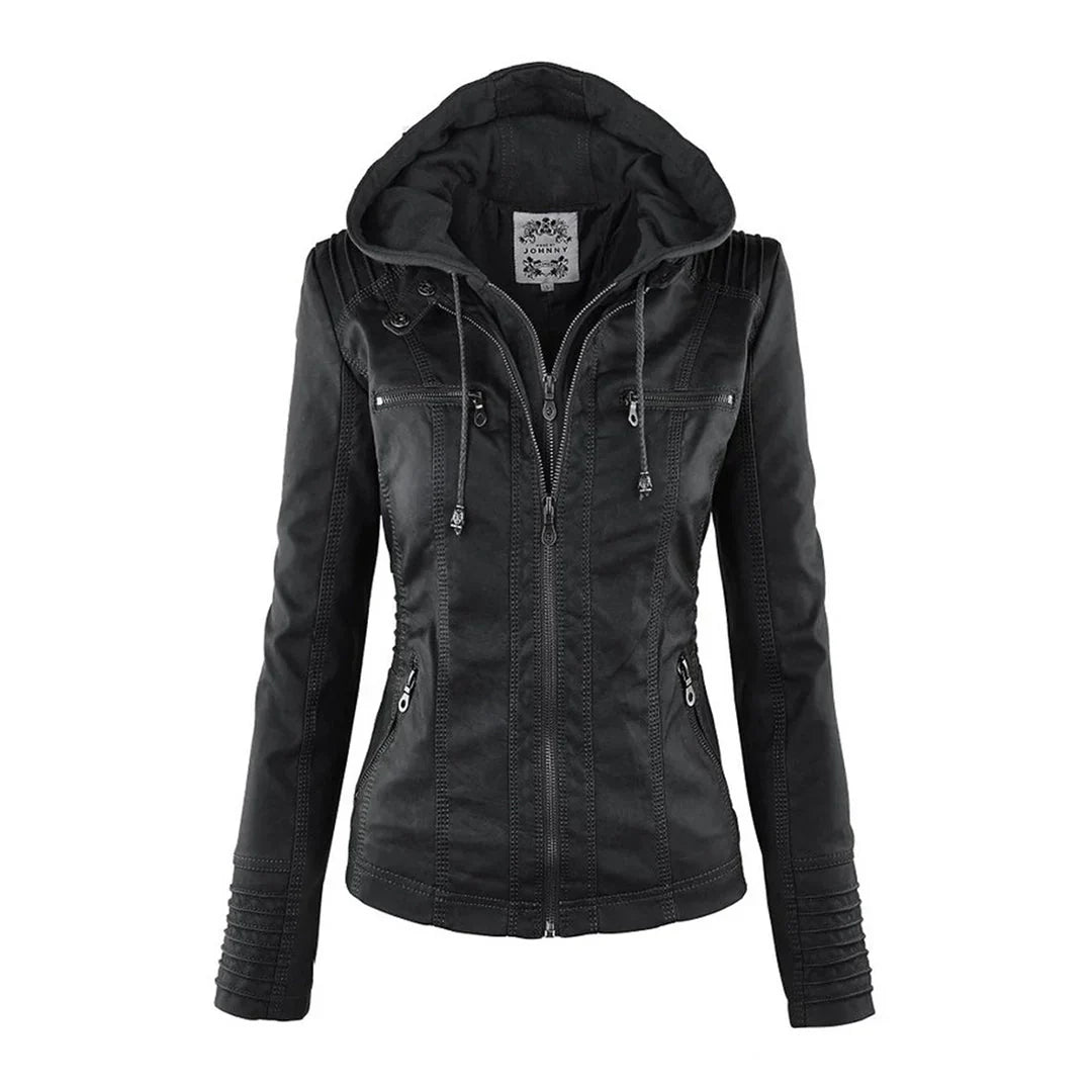 Hooded Faux Leather Moto Jacket för kvinnor