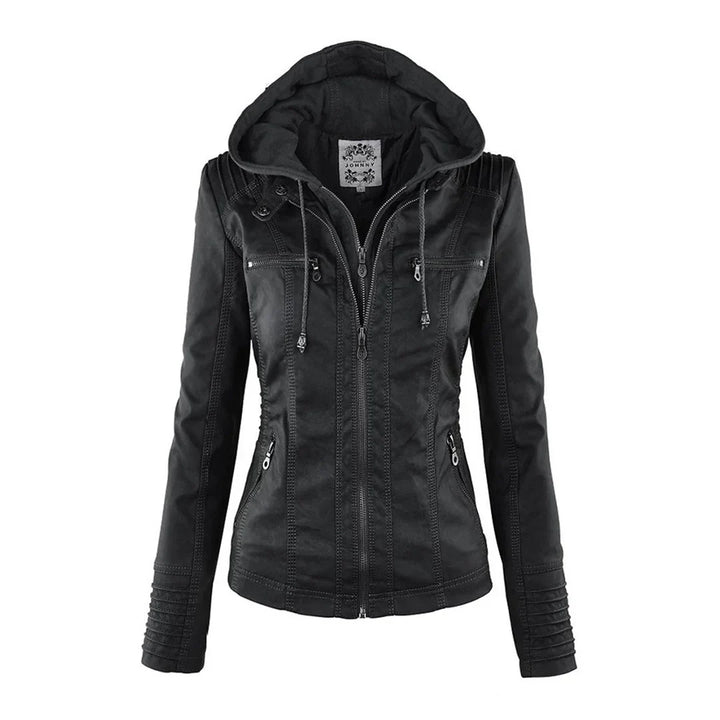 Hooded Faux Leather Moto Jacket för kvinnor