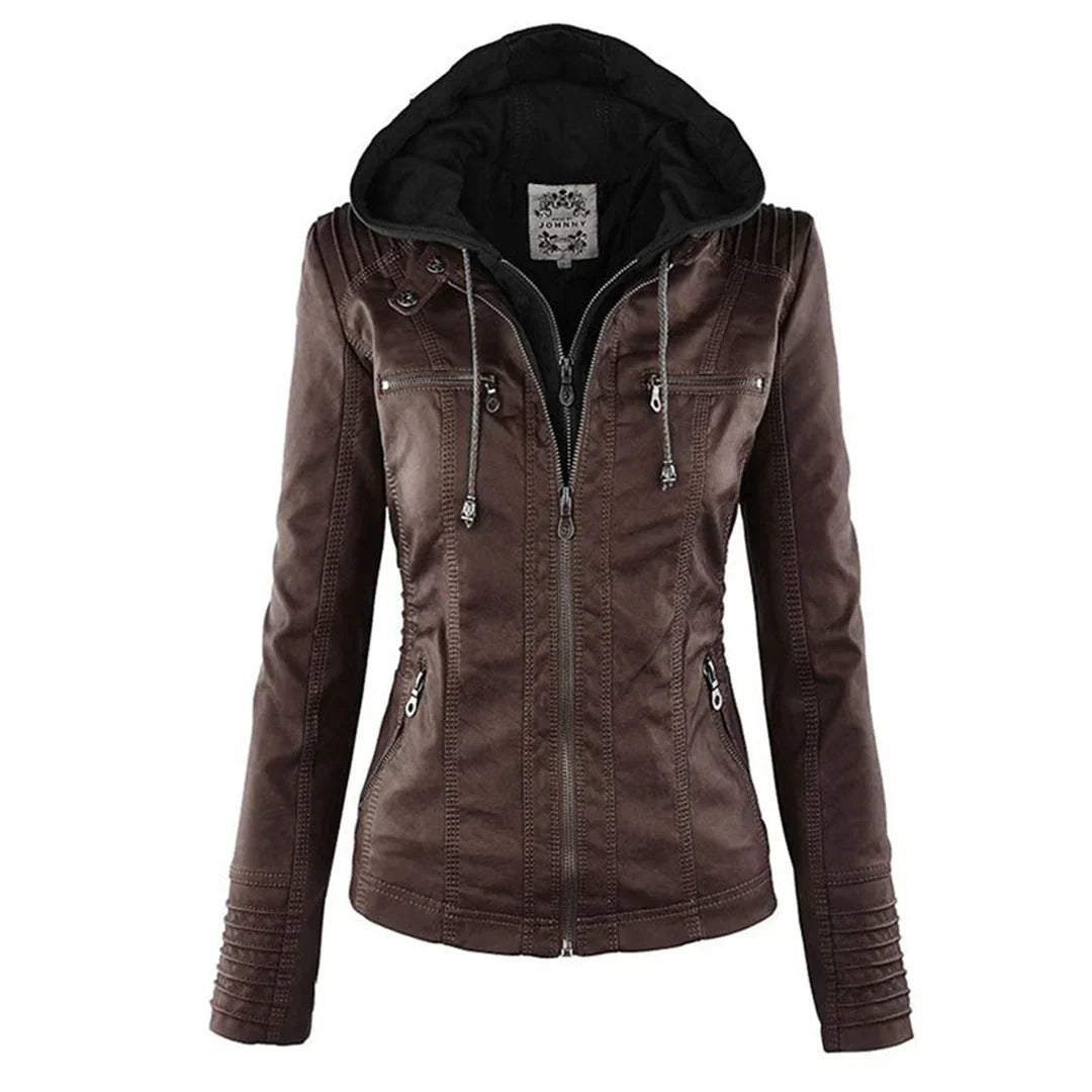 Hooded Faux Leather Moto Jacket för kvinnor