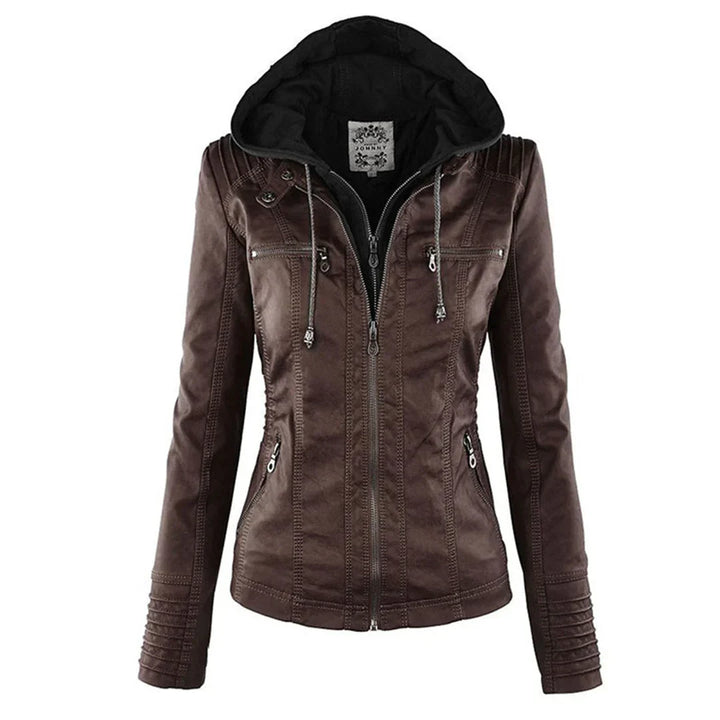 Hooded Faux Leather Moto Jacket för kvinnor