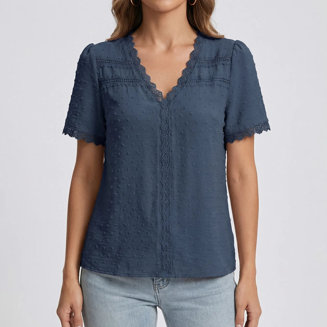 Lacella - Short Sleeve V-Neck Lace Trim Blouse