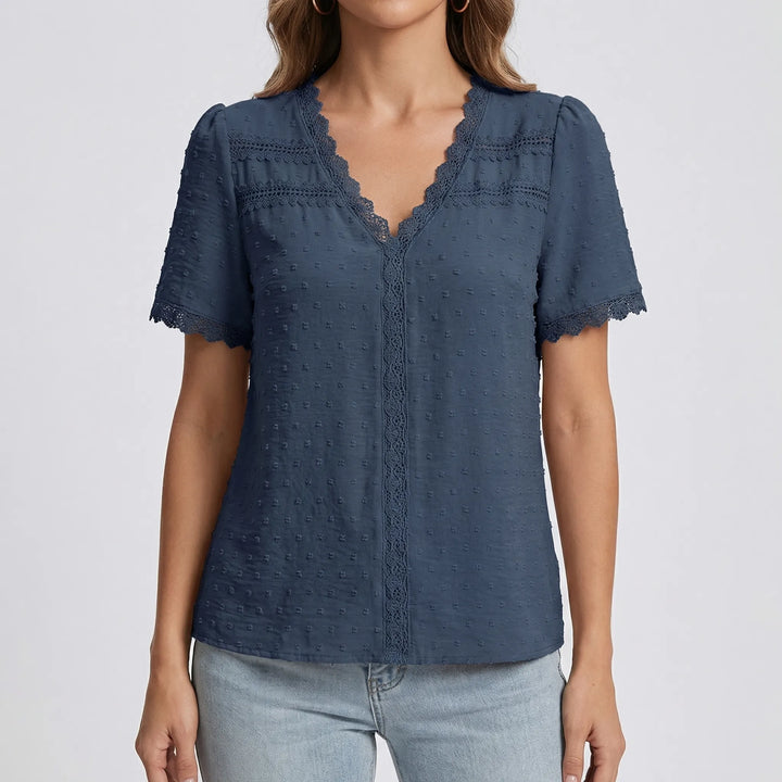 Lacella - Short Sleeve V-Neck Lace Trim Blouse