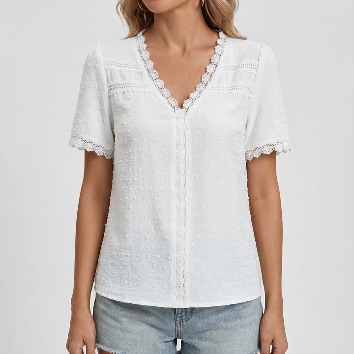 Lacella - Short Sleeve V-Neck Lace Trim Blouse