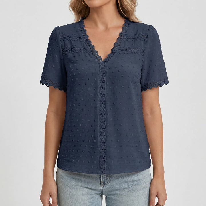 Lacella - Short Sleeve V-Neck Lace Trim Blouse