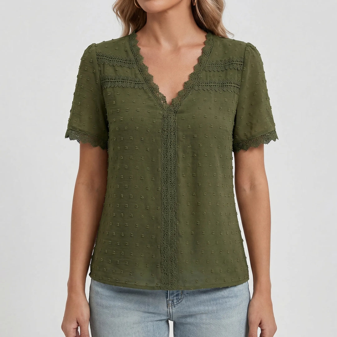 Lacella - Short Sleeve V-Neck Lace Trim Blouse