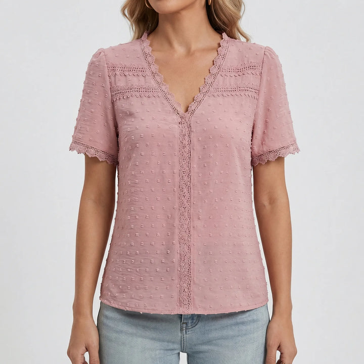 Lacella - Short Sleeve V-Neck Lace Trim Blouse