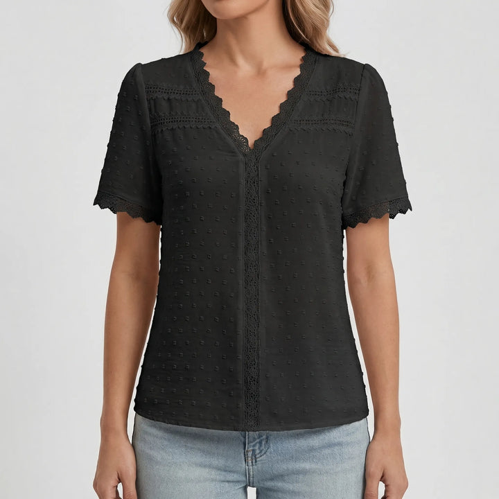 Lacella - Short Sleeve V-Neck Lace Trim Blouse