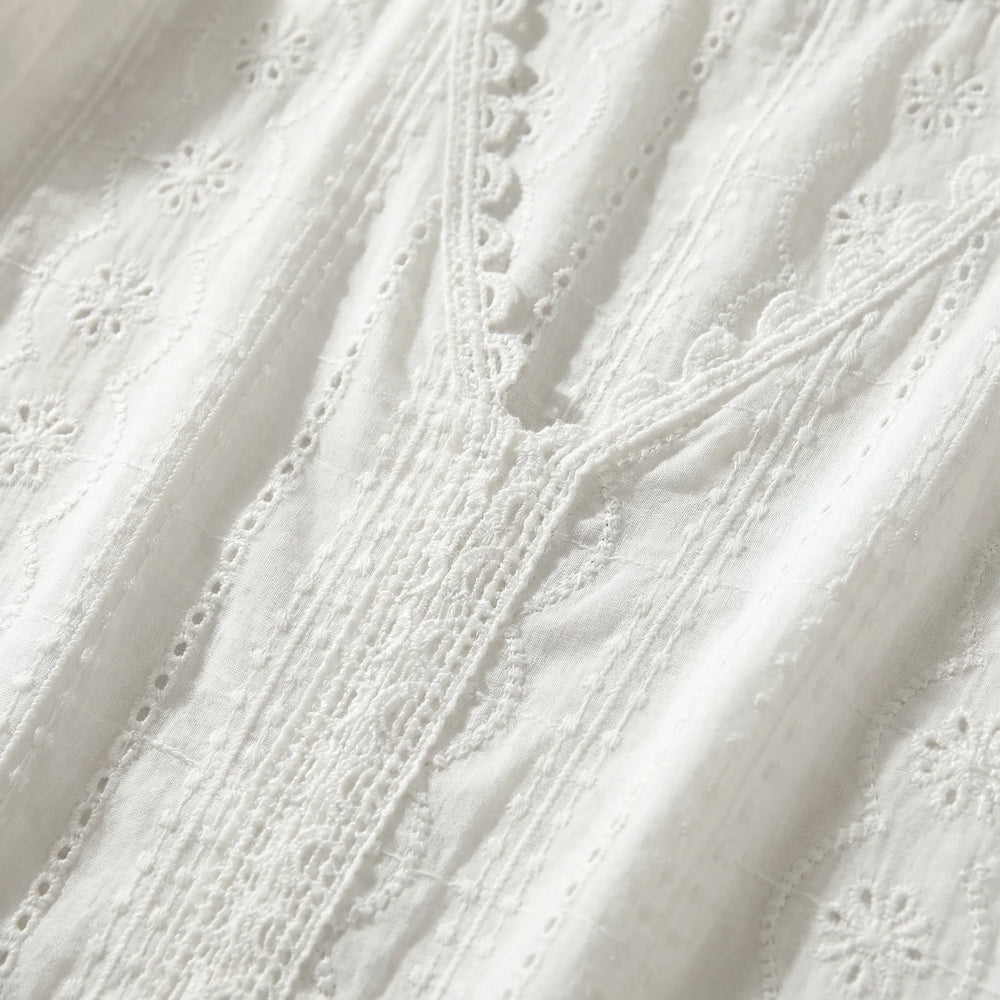 Lacevelle - Long Sleeve Lace Trim V-Neck Blouse