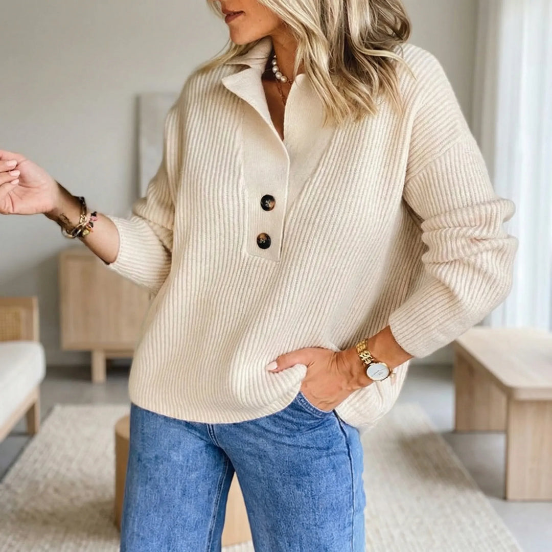 Lapriva - Ribbed Lapel Collar Pullover Sweater