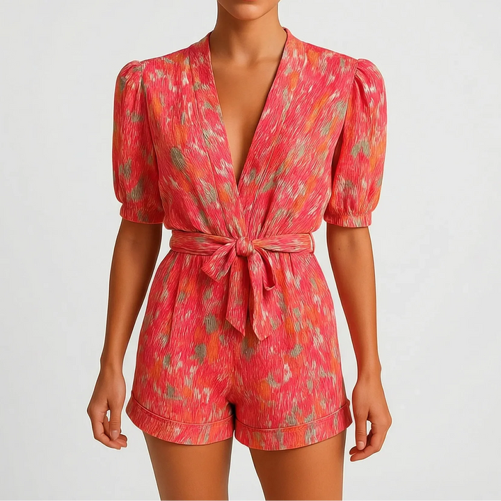 Lumivelle - Printed Short-Sleeve Belted Romper