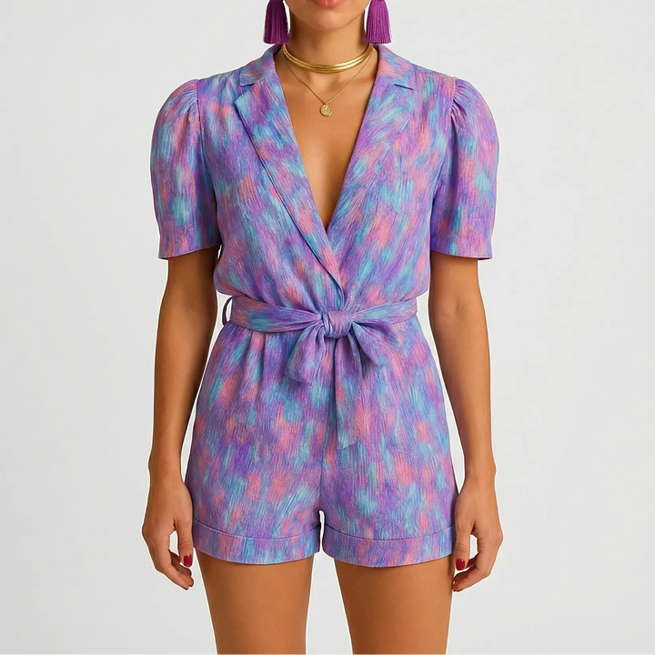 Lumivelle - Printed Short-Sleeve Belted Romper