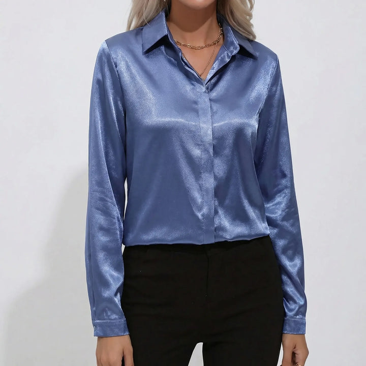 Lustreva - Satin-Finish Button-Front Blouse