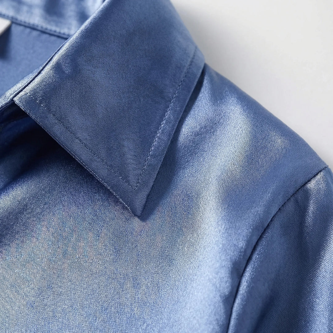 Lustreva - Satin-Finish Button-Front Blouse