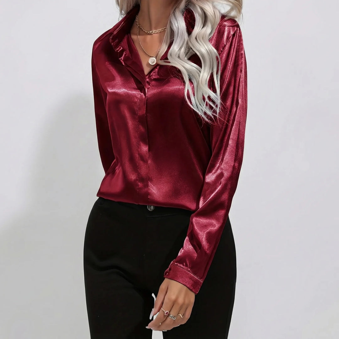 Lustreva - Satin-Finish Button-Front Blouse