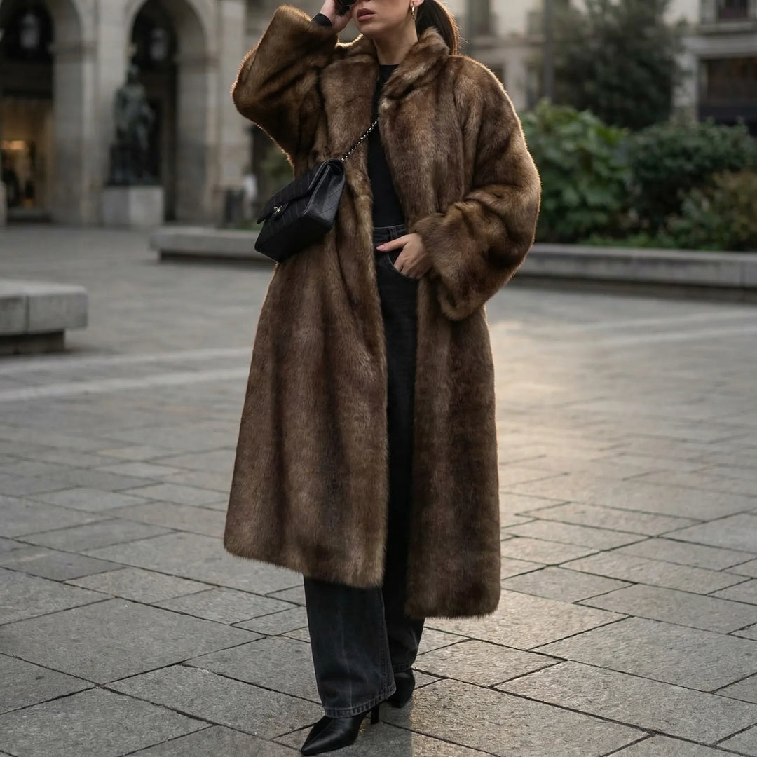 Minkova - Long Open-Front Faux Fur Coat