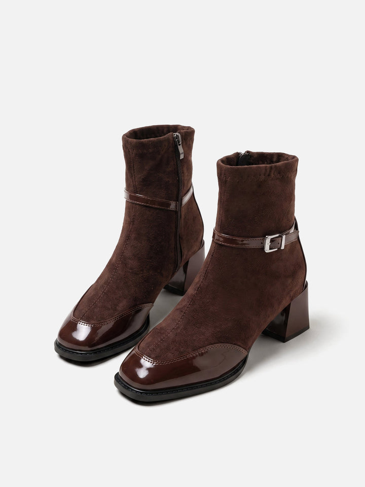 Boots i mocka med spänne och blockklack för dam
