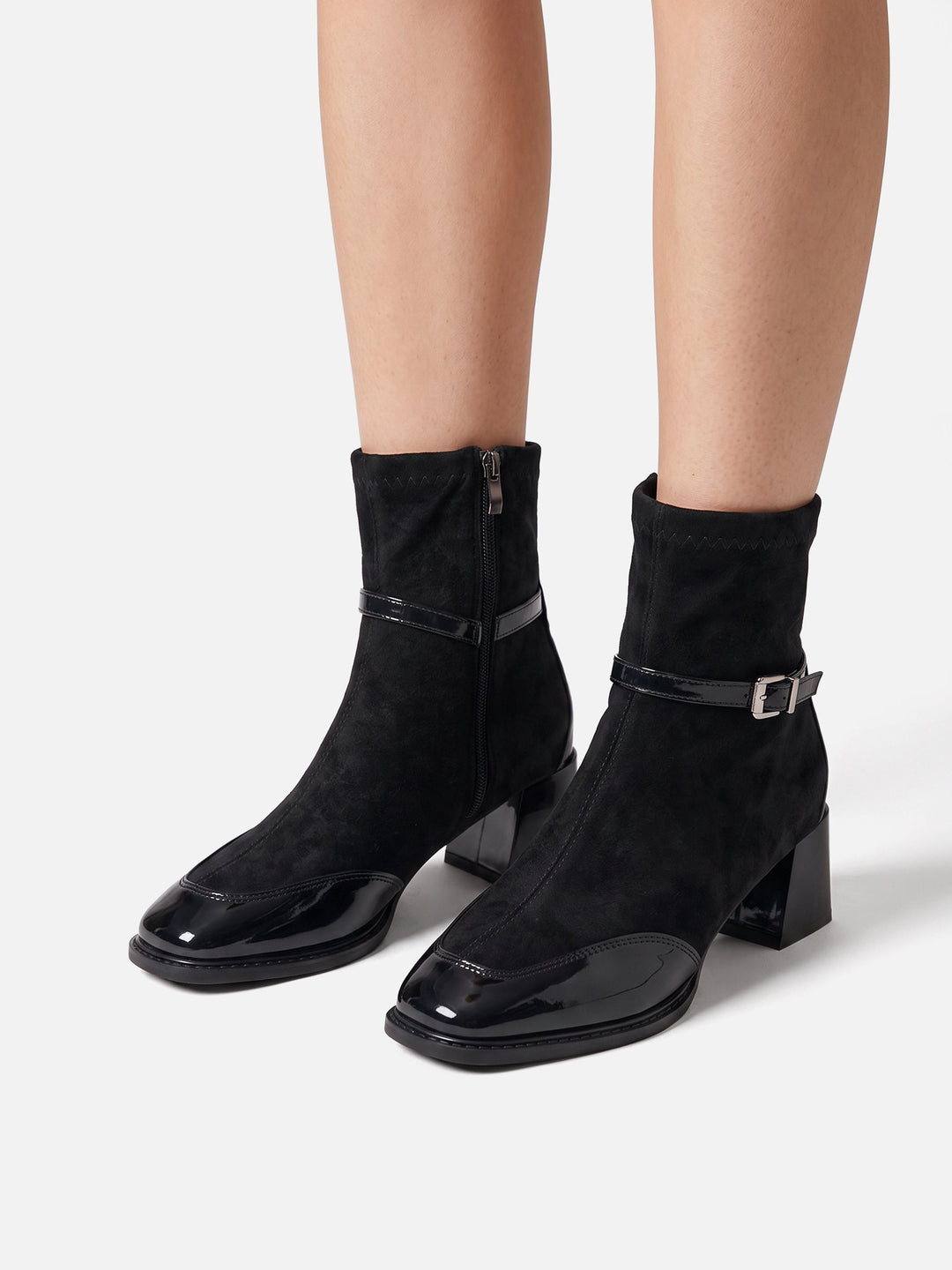 Boots i mocka med spänne och blockklack för dam