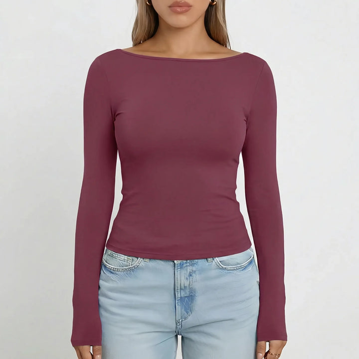 Navella - Fitted Boat Neck Long Sleeve Top