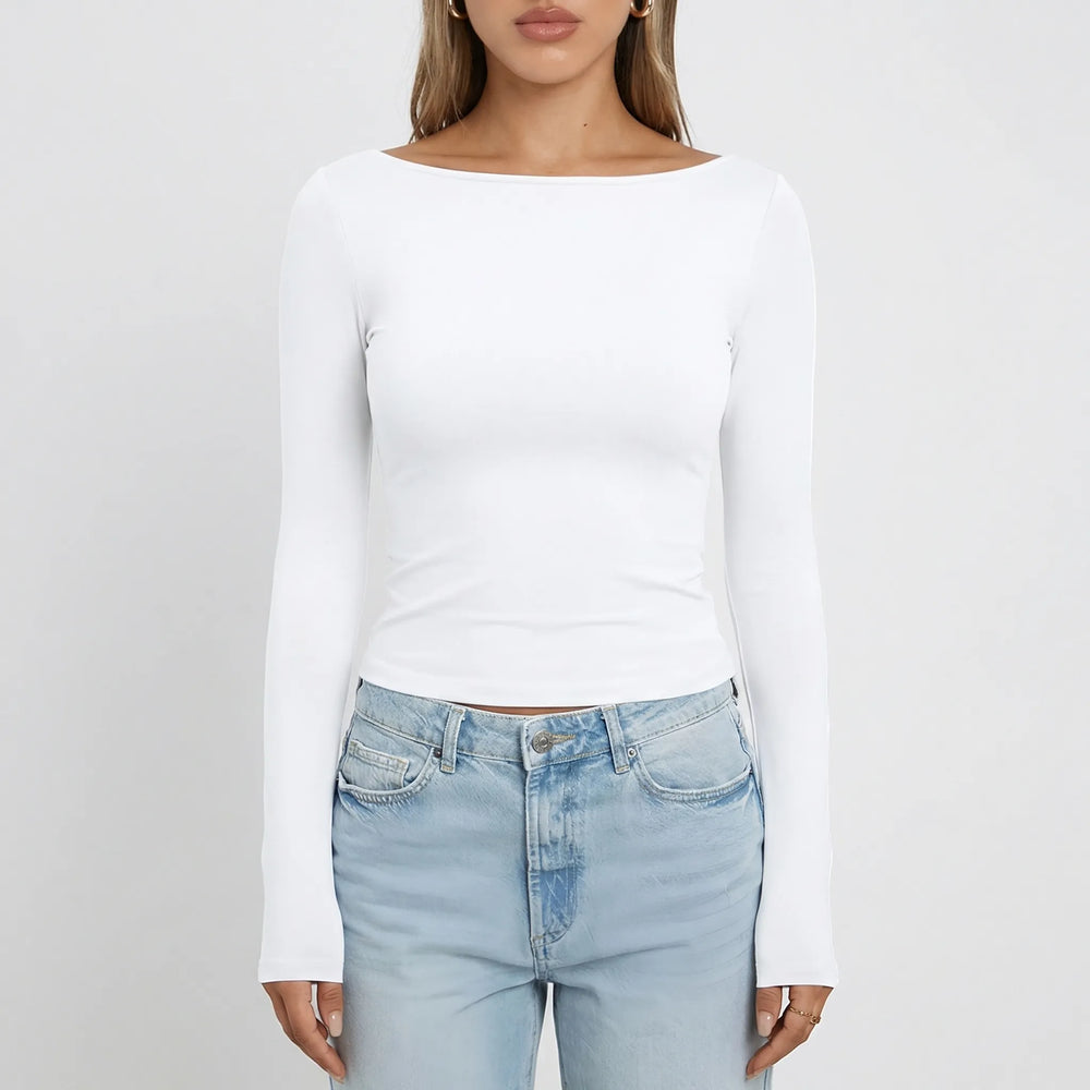Navella - Fitted Boat Neck Long Sleeve Top