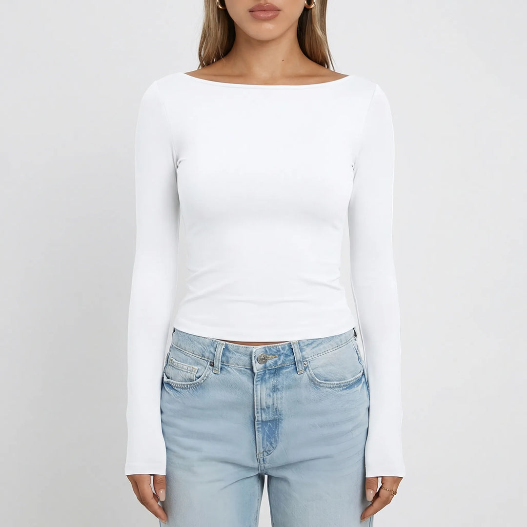 Navella - Fitted Boat Neck Long Sleeve Top