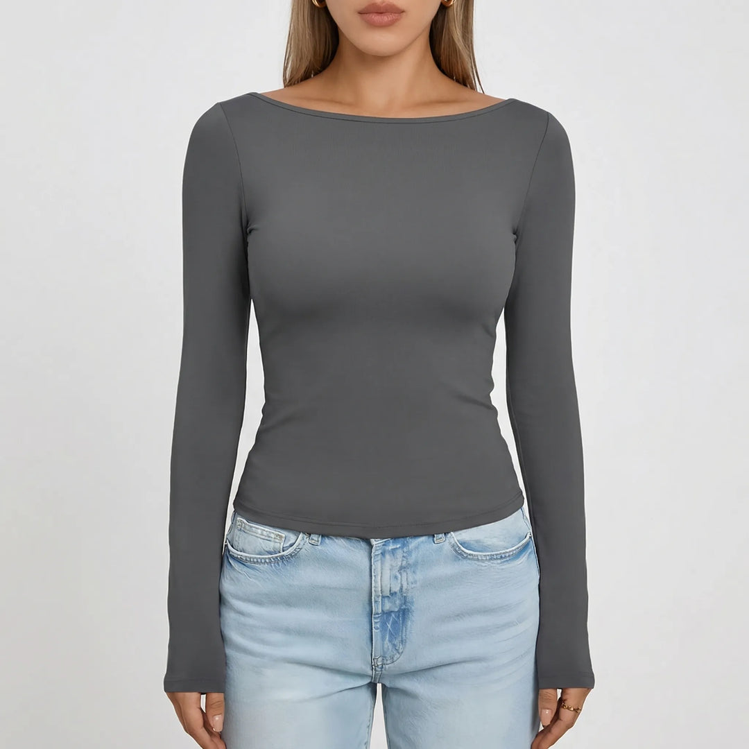 Navella - Fitted Boat Neck Long Sleeve Top
