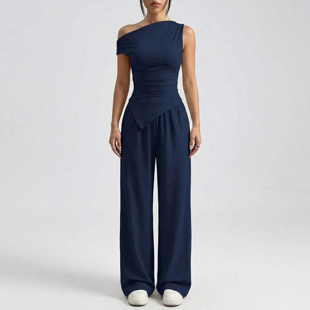 Navoria - One-Shoulder Top And Wide-Leg Pants Set