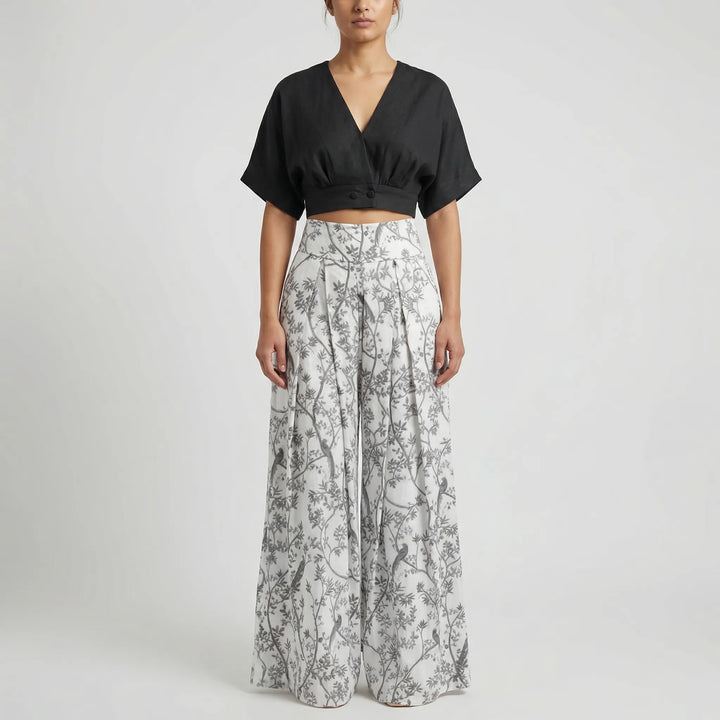 Palazzova - Puff-Sleeve Crop Top And Palazzo Pants Set