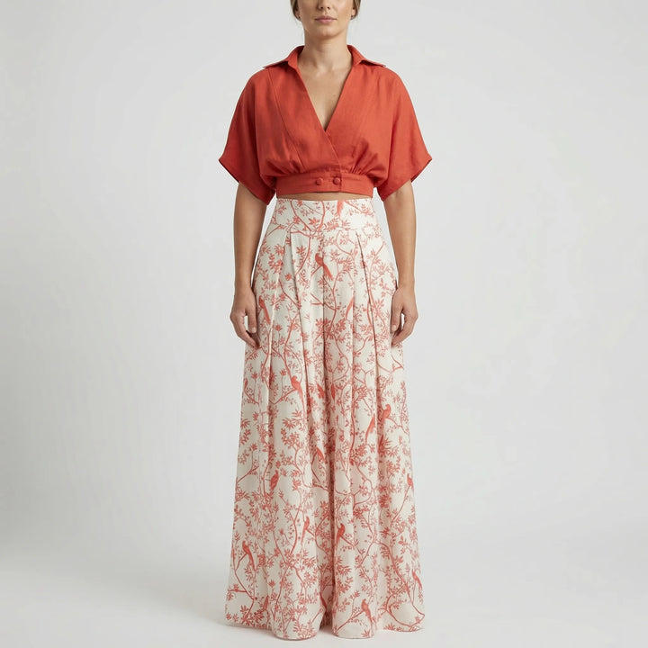 Palazzova - Puff-Sleeve Crop Top And Palazzo Pants Set