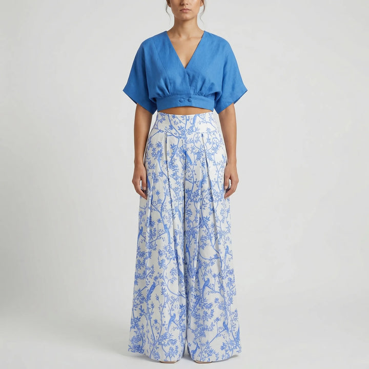 Palazzova - Puff-Sleeve Crop Top And Palazzo Pants Set