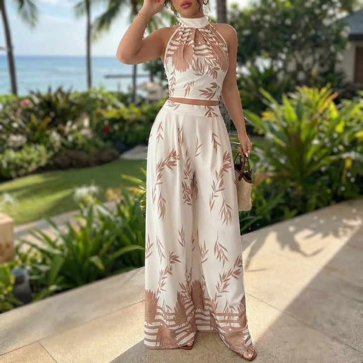 Palmique - Botanical Print Halter Crop Top Set