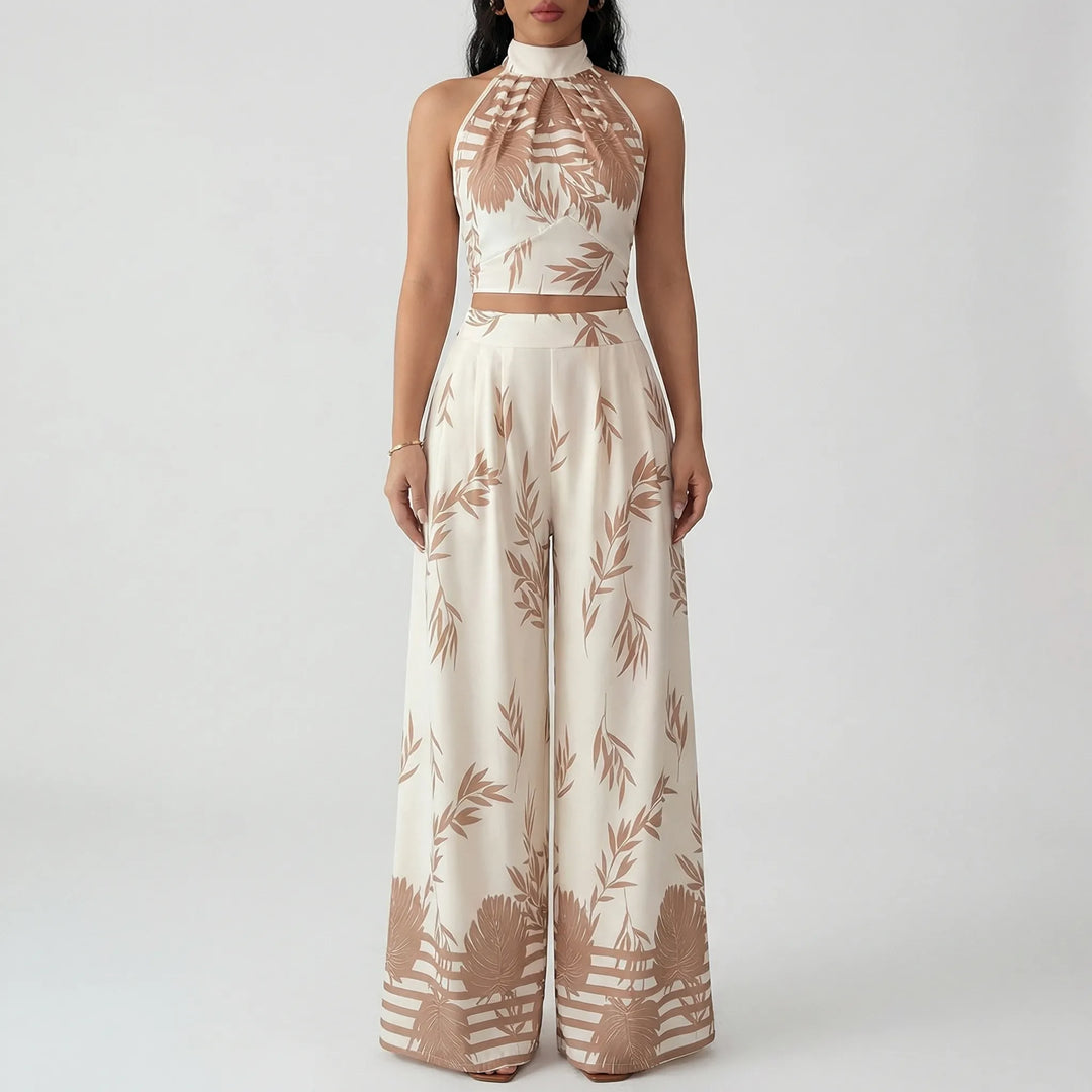 Palmique - Botanical Print Halter Crop Top Set