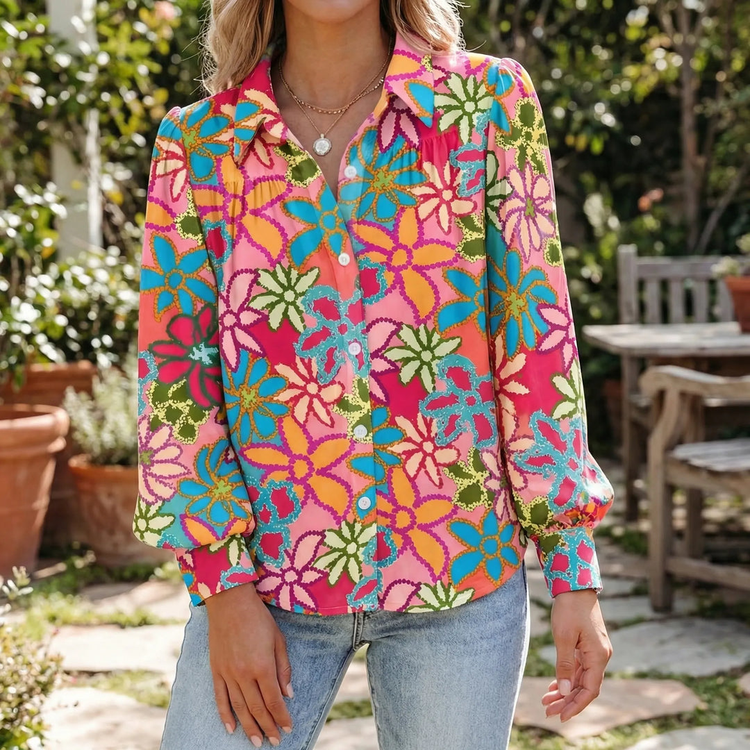 Petalia - Long-Sleeve Floral Button-Front Shirt
