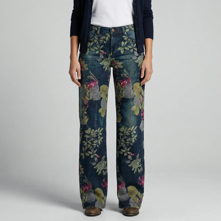 Petaloux - Floral Print Loose Straight-Leg Jeans