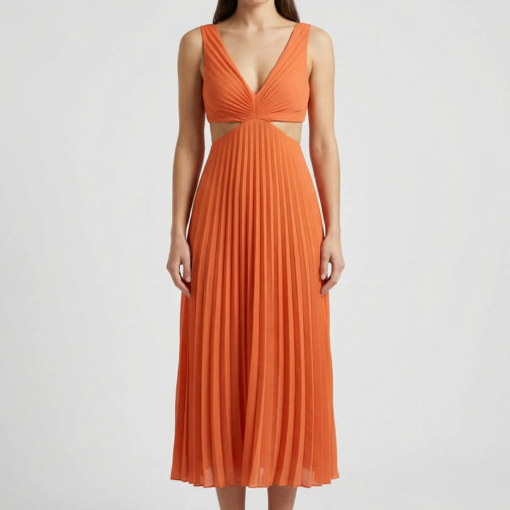 Plissara - Sleeveless Pleated Maxi Dress With Cutout Waist