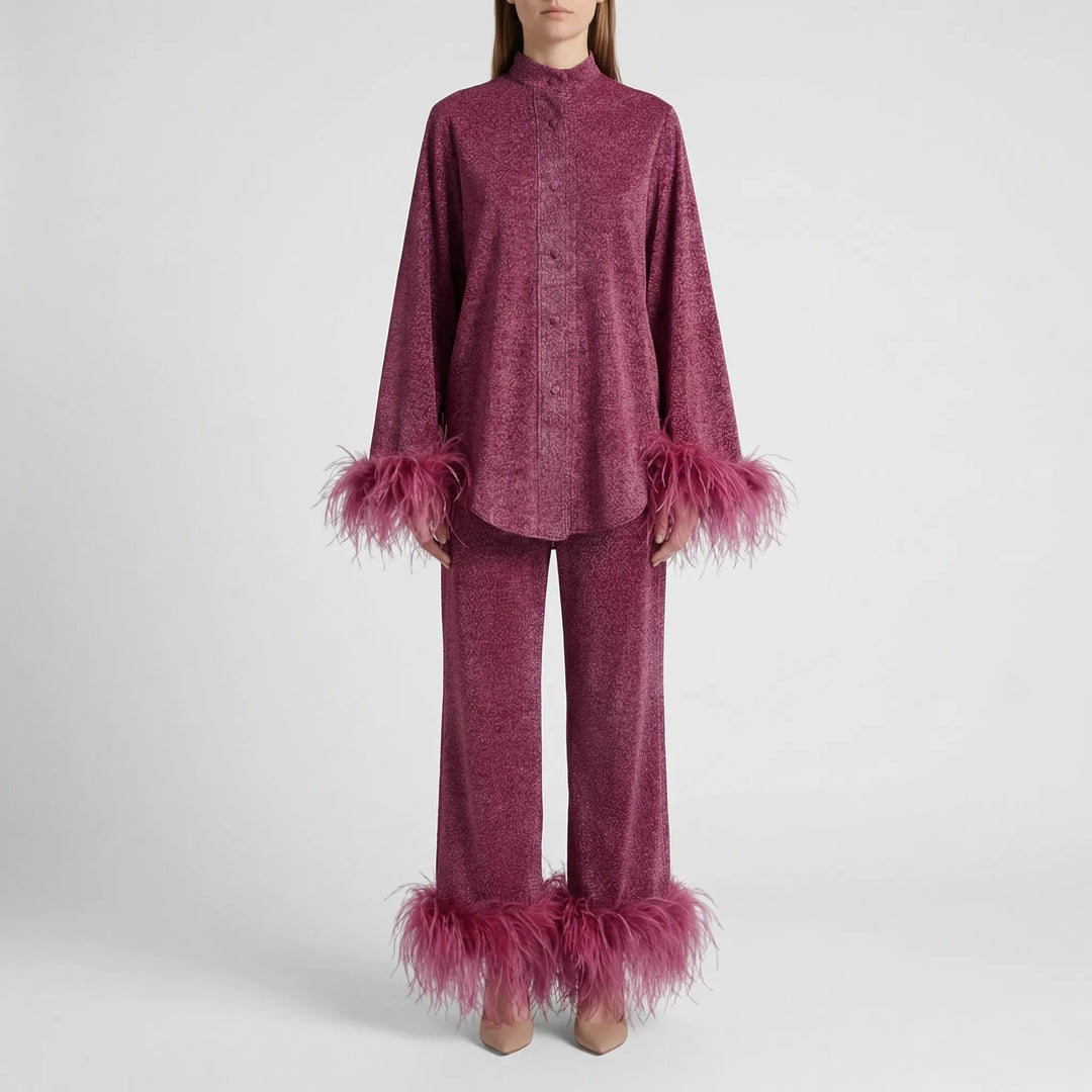 Plumara - Feather-Trimmed Two-Piece Shirt And Trouser Set