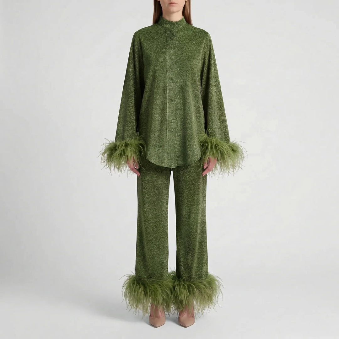 Plumara - Feather-Trimmed Two-Piece Shirt And Trouser Set