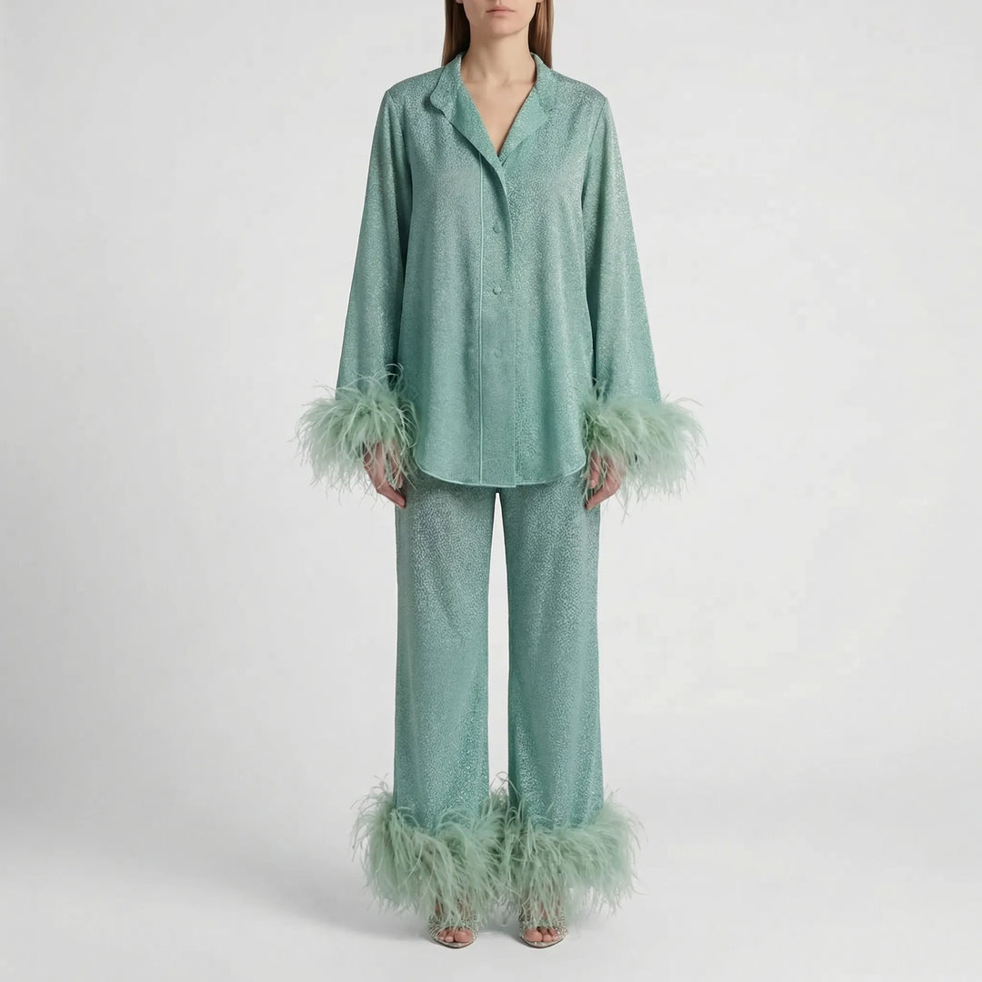 Plumara - Feather-Trimmed Two-Piece Shirt And Trouser Set