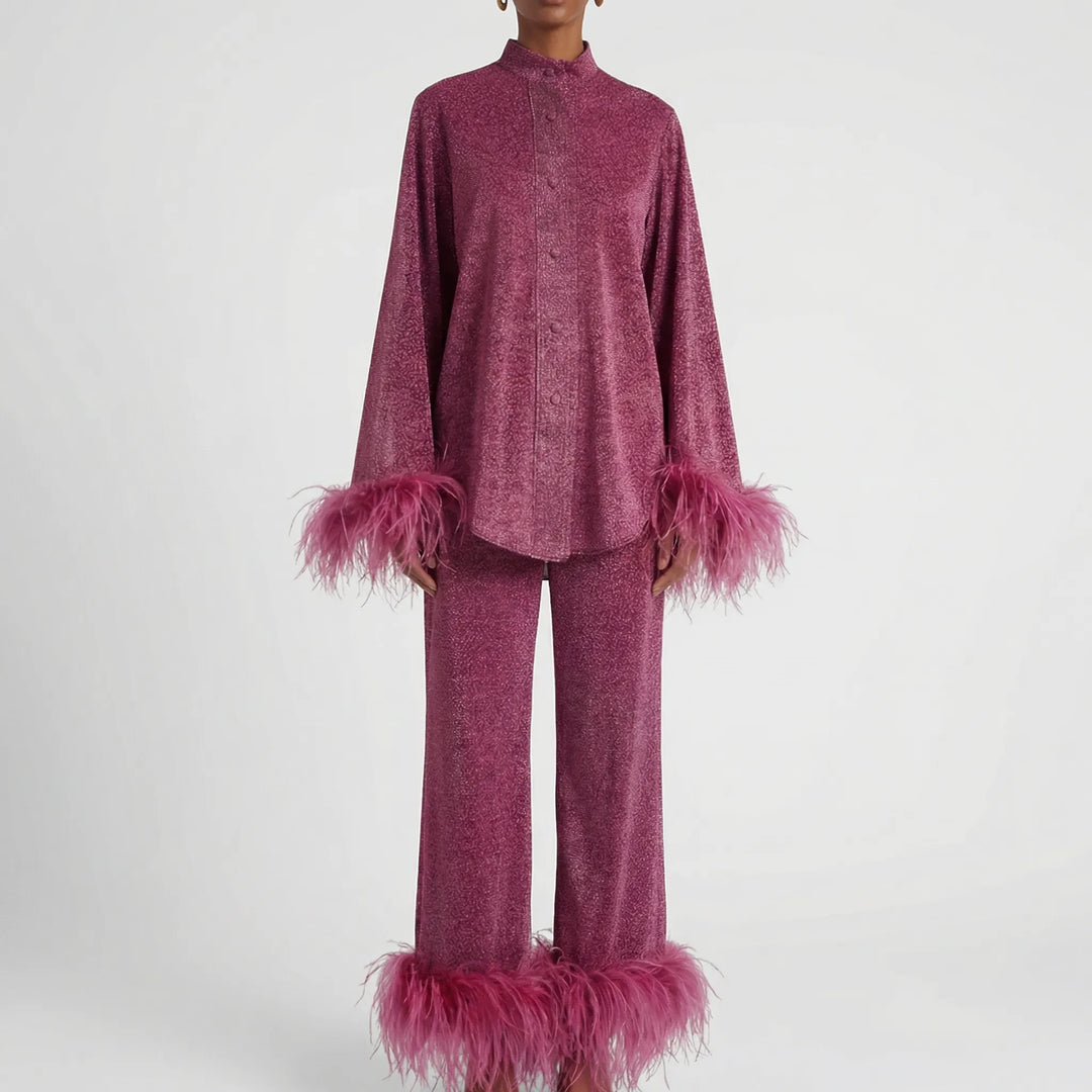 Plumeva - Feather-Trimmed Two-Piece Shirt And Trouser Set
