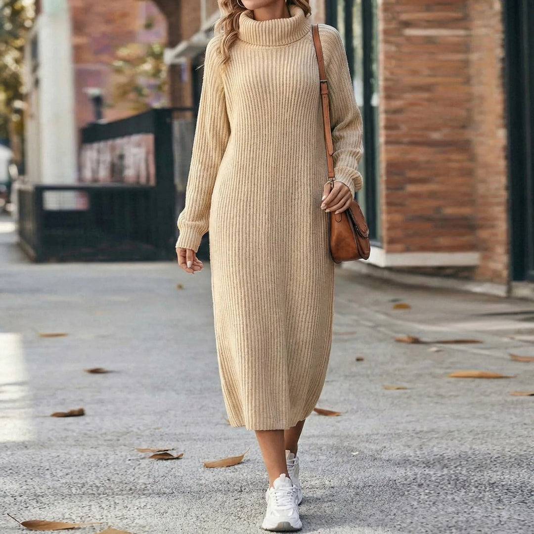 Ribblene - Turtleneck Ribbed Midi Dress