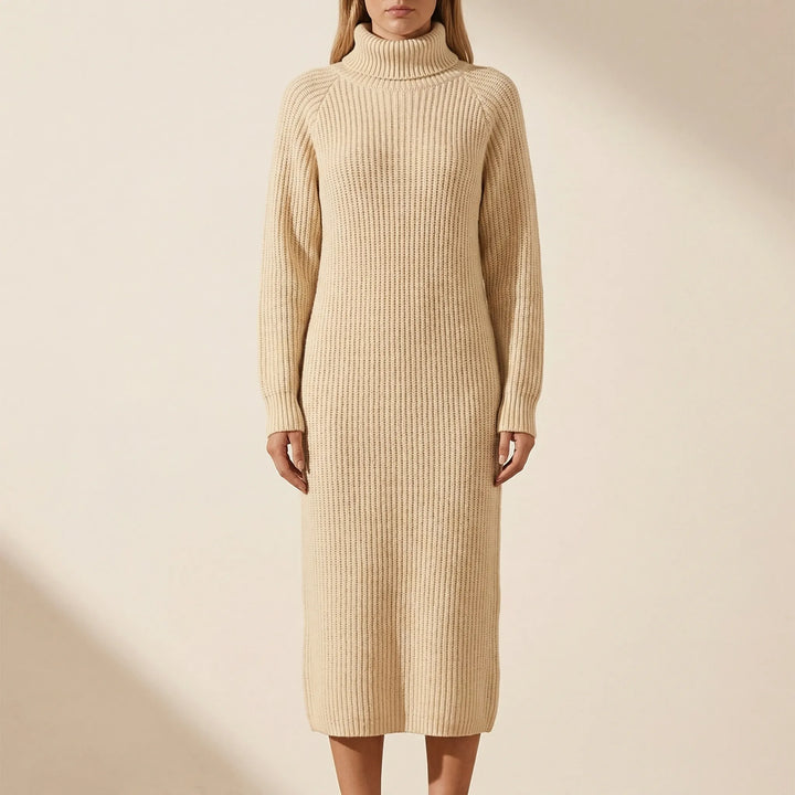 Ribblene - Turtleneck Ribbed Midi Dress