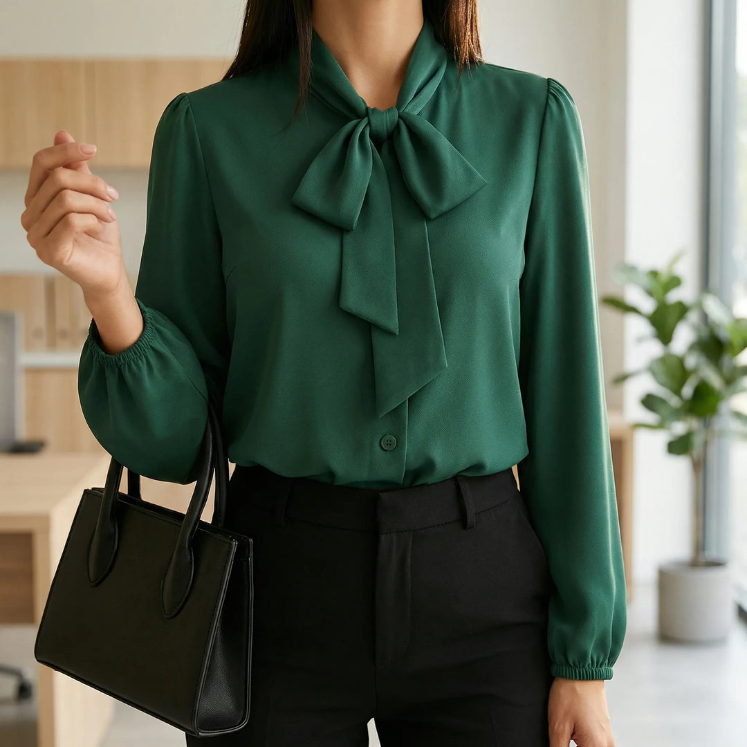 Ribbonique - Long-Sleeve Bow-Tie Neckline Blouse