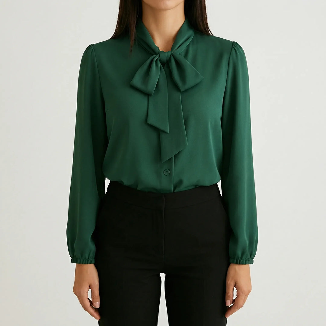 Ribbonique - Long-Sleeve Bow-Tie Neckline Blouse