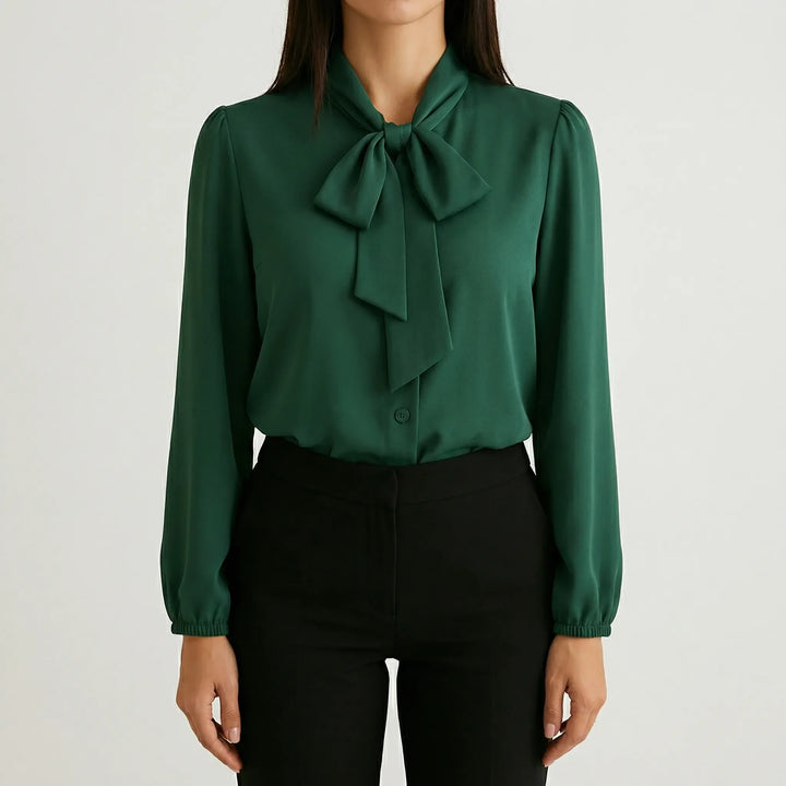 Ribbonique - Long-Sleeve Bow-Tie Neckline Blouse
