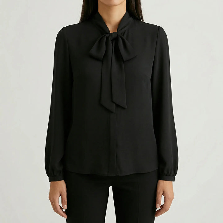 Ribbonique - Long-Sleeve Bow-Tie Neckline Blouse