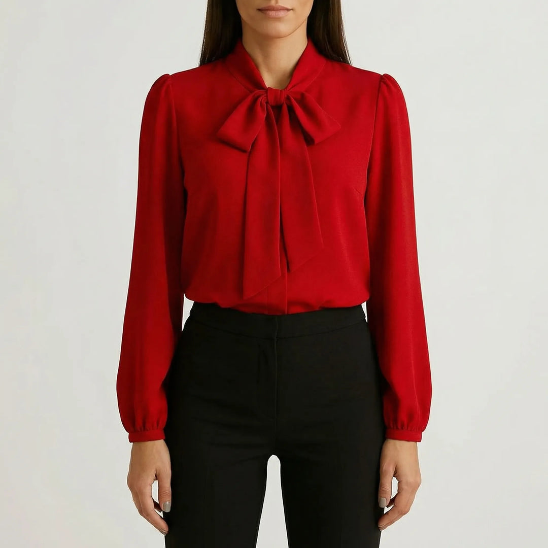 Ribbonique - Long-Sleeve Bow-Tie Neckline Blouse